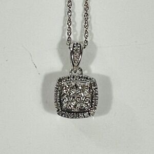 Sterling Silver 1/10 CT TW Diamond Square Halo Pendant Necklace 18 Inch Chain